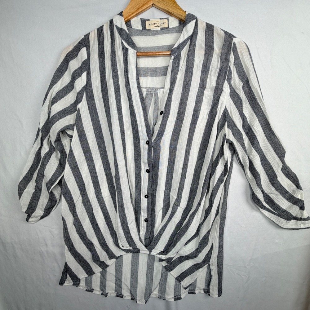 Hoity Toity Boutique Grey White Striped Twist Front High Low Rayon Blouse Small